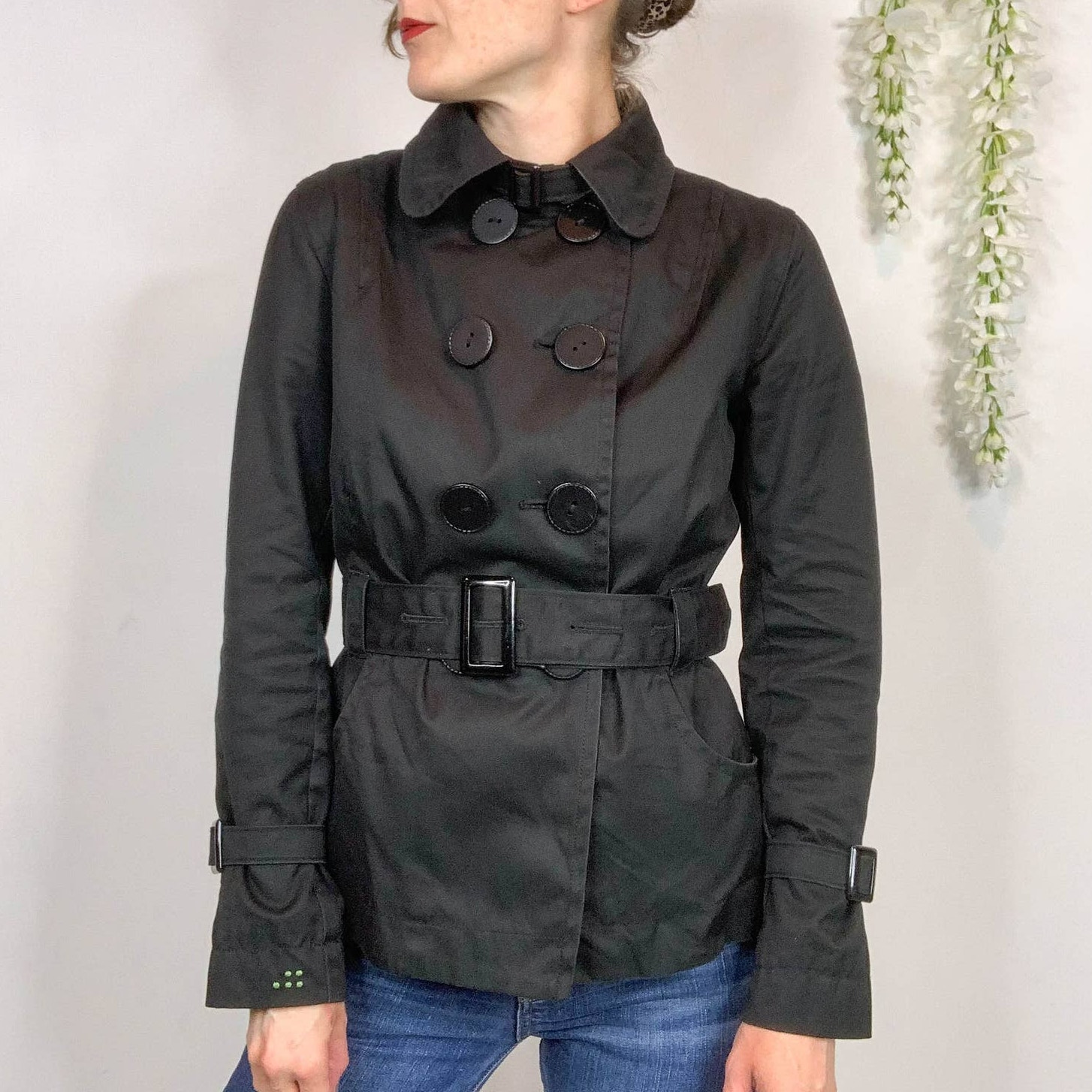 Soia & Kyo Black Cotton Jacket Belted Double Row Buttons Scoop Pockets